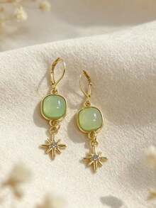 1 Pair Vintage Bohemian Style Green Square Synthetic Gemstone Starburst Pendant Earrings, Suitable For Women's Daily, Party, Travel Wear Jewelry Gift - Green - View 4