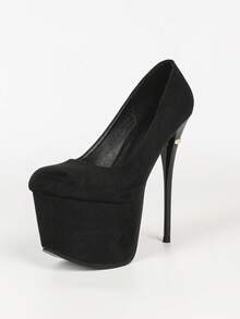 Black Suede Round Toe Ultra High Heel Women's Shoes, High Heel Platform Slip-On Stiletto Thin Heel Low Vamp Elegant Runway Women's Shoes - Black - View 7
