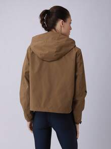 2026 New Women's Sports Jacket Loose Fit Fashion Outdoor Short Casual Jacket With Zipper Pockets On Arms, Drawstring Hem And Hood - Brown - View 2