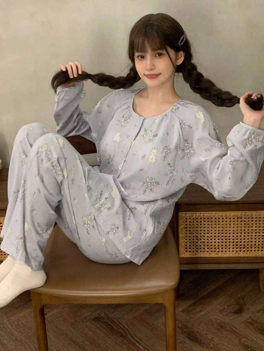 2pcs/Set Women's Pajamas Homewear Set, Fashionable Cute Rabbit Print Open Front Long Sleeve Long Pants, Suitable For All Seasons - Mauve Purple - View 1
