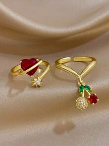 1Pc/Set Sweet Cute Cherry Charm Heart Red Zirconia Open Ring Gold Jewelry Set,For Women,Daily,Party,Anniversary,Valentine Birthday Gifts,Christmas,Y2K - Multicolor - View 1