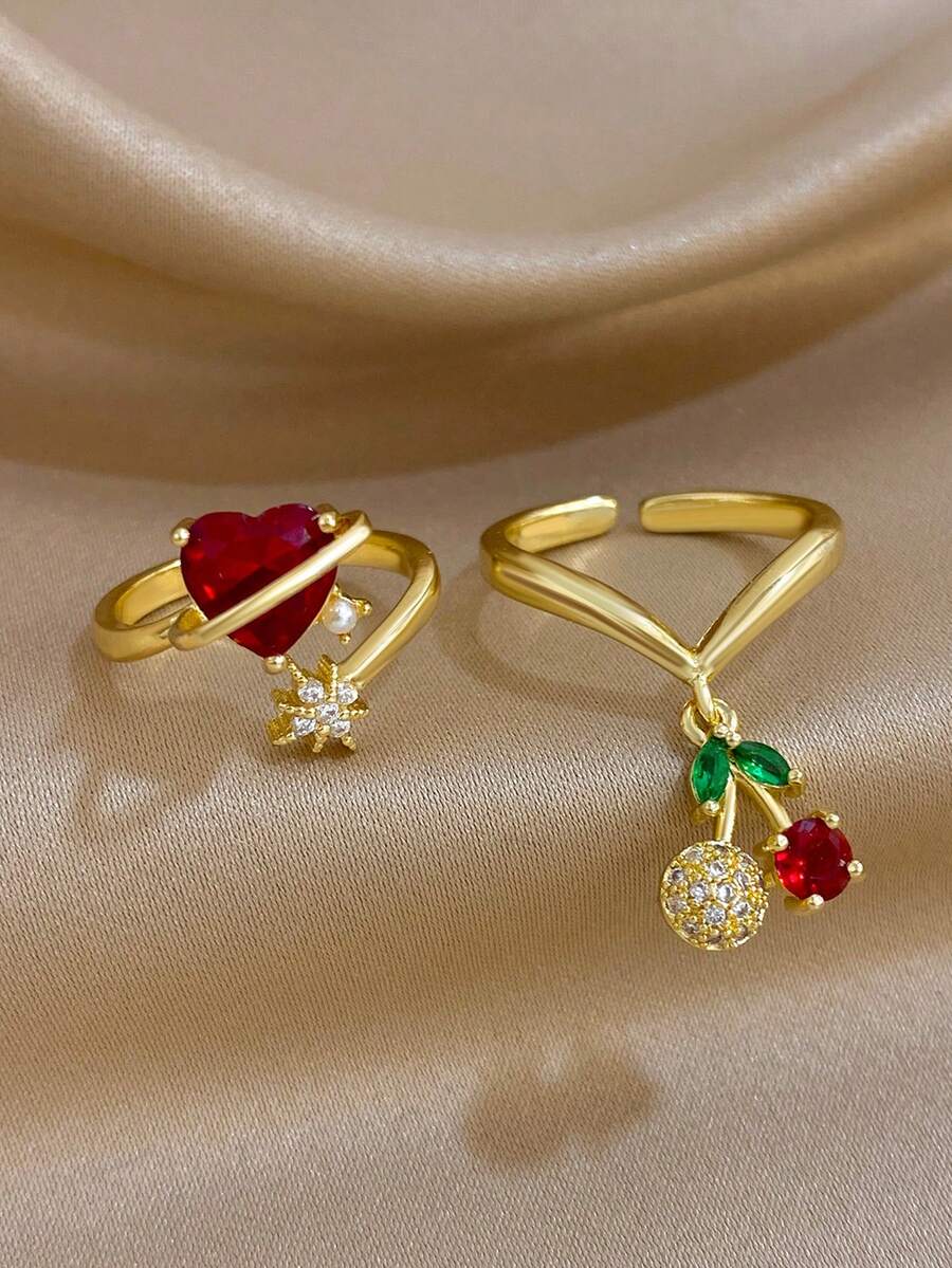 1Pc/Set Sweet Cute Cherry Charm Heart Red Zirconia Open Ring Gold Jewelry Set,For Women,Daily,Party,Anniversary,Valentine Birthday Gifts,Christmas,Y2K - Multicolor - View 1