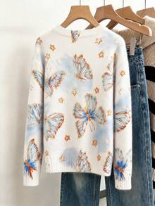 Women's Heart Print Long Sleeve Pullover, Regular Fit Ribbed Knit Polyester Sweater, Medium Stretch, Autumn/Winter Daily Wear White - White - View 6