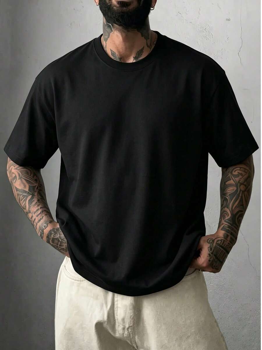 Kaos Lengan Pendek Pria Kasual Musim Panas Serbaguna Warna Polos - Hitam - View 1