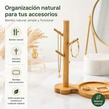 Natural Bamboo Jewelry Tree Stand With Integrated Tray For Necklaces, Bracelets And Keys, Decorative Tabletop Accessory Organizer, 29x27x15cm - Yellow - View 5