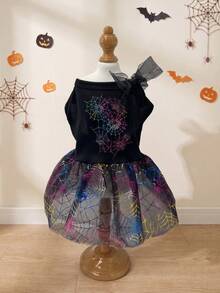 LUCKIE LABO 1pc Halloween Colorful Spider Web Pattern Pet Dress, Physical Flea Prevention, Reduces Shedding, Insulated And Breathable, Suitable For Small And Large Dogs And Cats, Indoor And Outdoor Use - Multicolor - View 14