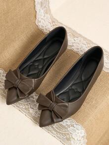 Pointed Toe Low Vamp Bow Flat Shoes, Delicate Satin Texture Soft And High-End Feel, Versatile Shoes. - Light Brown - View 20
