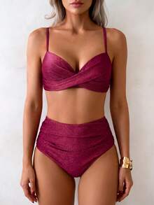 Summer Solid Color Elegant Bohemian Sweet Style Two Pieces Bikini Swimsuit Beach Vacation Set - Cranberry Color - View 4