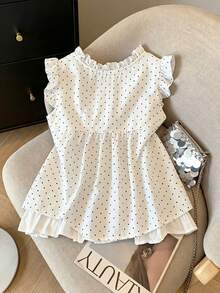 極簡可愛女款日常上衣，蝴蝶袖荷葉邊前綁帶 2 合 1 韓系仙氣短袖 T-shirt，返校穿搭夏季款 - 黑白波點 - 查看 2