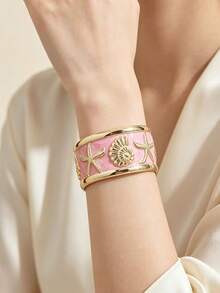 1pc Fashionable Creative Versatile Beach Vacation Niche Design Enamel Starfish & Seashell Bracelet Suitable For Women's Daily Wear - Pink - View 8