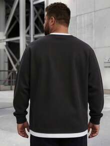 Plus Size Men's Henley Collar 2 In 1 Sweatshirt, Double Layer Hem Patchwork Loose Fit Casual Long Sleeve Pullover Top - Black - View 2
