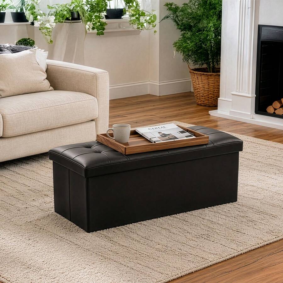Living Room Folding Storage Ottoman – 76*38*38cm Footrest Stool With Lid, Storage Box & Shoe Bench - Black - View 1