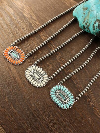 1pc Minimalist Women's Beaded Necklace, Featuring Bohemian Turquoise And Vintage Distressed Style Design, With Retro Western Oval Pendant. This Fashion Jewelry Is Suitable For Women's Daily Wear Or As A Holiday Gift