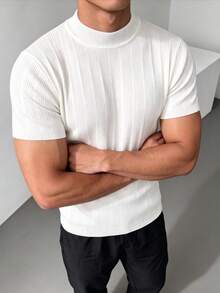 ZYNTH BALENO Men's Summer Fashion Mock Neck Vertical Striped Short Sleeve Sweater, Suitable For Gym And Outdoor Sports - White - View 3