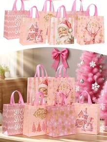 2Pcs-Pink Christmas Non-Woven Gift Bags-Christmas Party Gift Bags With Handles, Featuring Designs Of Santa Claus, Snowmen, Reindeer, And Gingerbread Houses, With A "Ho Ho Ho" Tag; Perfect For Birthdays, Holiday Decorations, And Candy Bags - Multiple Styles - View 5
