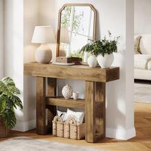 LITTLE TREE 105cm Farmhouse 2-Tier Console Table Narrow Storage Sofa Table Behind Couch For Hallway Foyer Living Room Light Brown - Light Brown - View 8