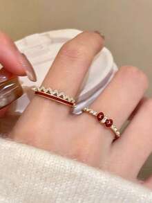 2件組金色復古優雅紅色波浪蝴蝶結開口時尚戒指，適合女性秋冬日常與節日穿著 - 戒指兩件套 - 查看 1