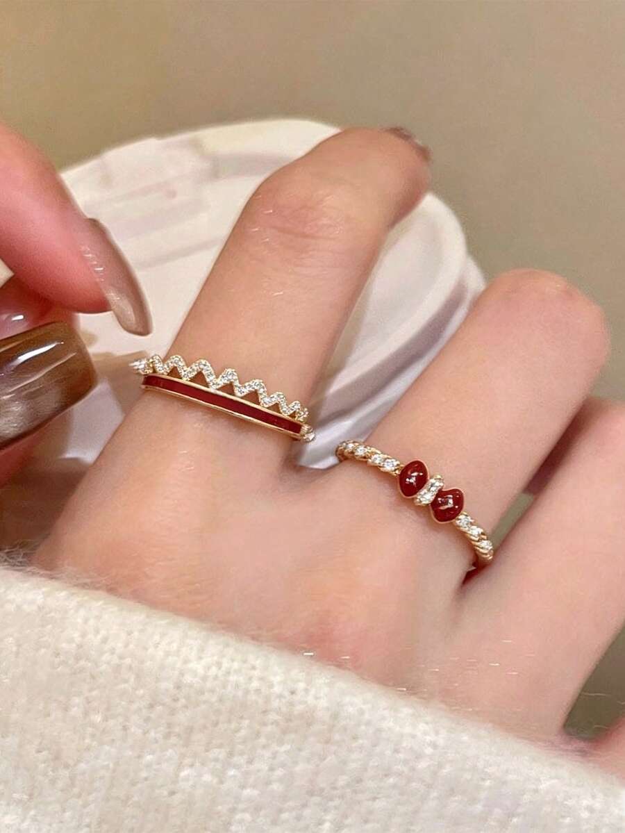 2件組金色復古優雅紅色波浪蝴蝶結開口時尚戒指,適合女性秋冬日常與節日穿著 - 戒指兩件套 - 查看 1