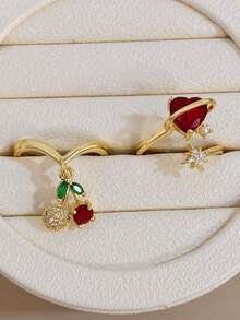 1Pc/Set Sweet Cute Cherry Charm Heart Red Zirconia Open Ring Gold Jewelry Set,For Women,Daily,Party,Anniversary,Valentine Birthday Gifts,Christmas,Y2K - Multicolor - View 6