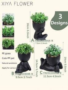 1/3pcs Artificial Succulent Plants, Single Small Human-Shaped Succulent Potted Plant, 3 Styles Available, Black Pot, Cartoon Design, PP Material, PE Material, Green, Desktop Decoration, Home Decor, Garden Decoration, School, Valentine's Day Gift, Dorm, Office Decoration - Black - View 8
