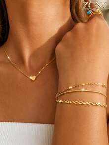 Juego de 4 piezas/Set Pulsera de cadena estilo dulce elegante minimalista chapada en oro de 18k para mujer, apilable con un collar de corazón, acero inoxidable 304 duradero, juego de joyas a juego para uso diario, adecuado para fiesta de Halloween, regalo de Navidad, atuendo de Año Nuevo - Dorado - Ver 1