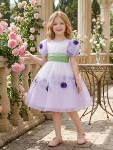 Young Girls Round Neck 3D Floral Contrast Print Pattern Mesh Organza Elegant Party Dress, Headband Not Included - Multicolor - View 7