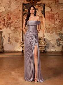 Fall Winter Elegant Asymmetrical Off Shoulder Corset Ruched Shiny Satin High Slit Maxi Formal Evening Gown Lace Up Back Dress For Wedding Guest Party - Dusty Pink - View 5