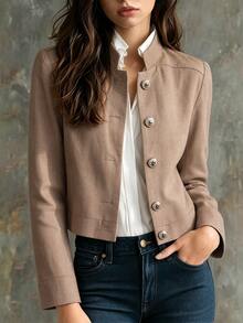 Elegant French Style Solid Color Front Button Office Casual Jacket For Women - Khaki - View 1