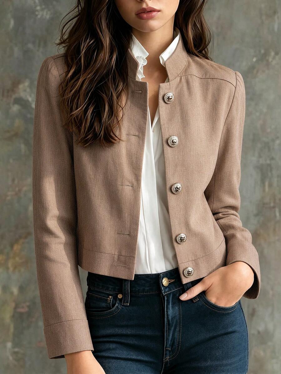 Elegant French Style Solid Color Front Button Office Casual Jacket For Women - Khaki - View 1