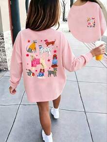 Teenage Girls Cute Dog Back Print Long Sleeve T-Shirt, Cartoon Puppy Wearing Clothes Pattern Pink Top, Casual Daily Campus Outfit - Pink - View 7