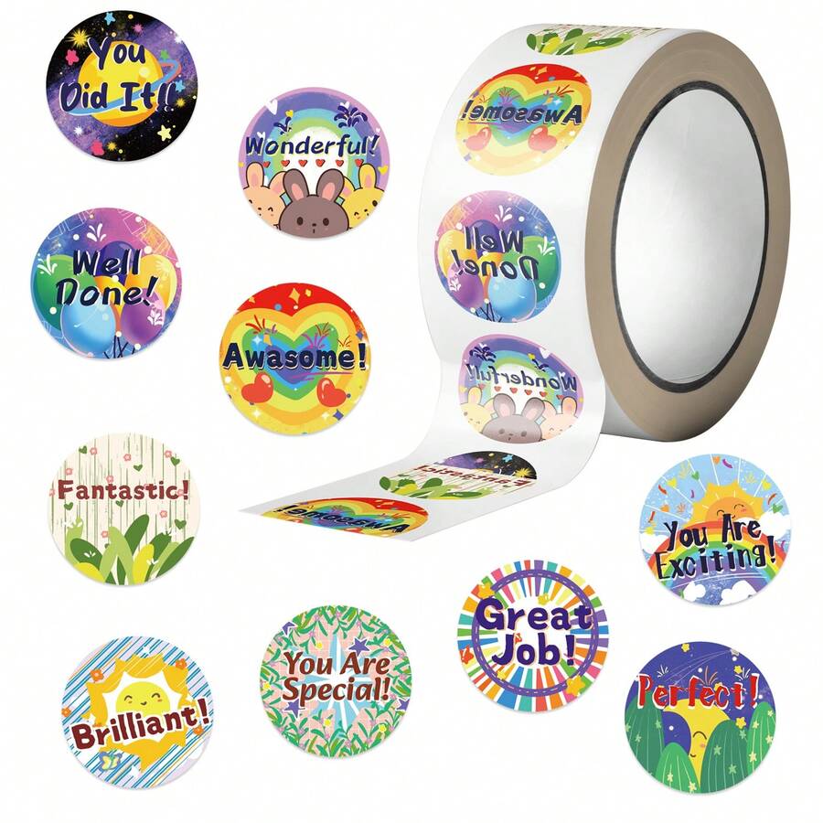 500pcs/Roll Cartoon English Motivational Self-Adhesive Sticker Roll, Reward Stickers For Teachers Learning Supplies, PVC Decal Sticker,School Supplies,Back To School - Black - View 1