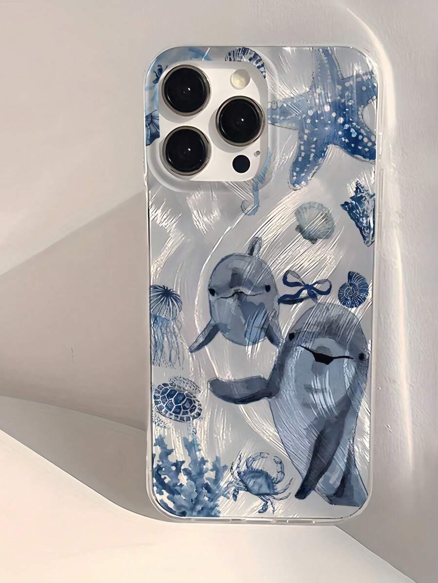 1件羽毛網格貝殼IMD鏡頭保護防摔藍色海豚與海星圖案手機殼，個性化，適用於 16 Pro Max/17/16/15/14/13/12/11/Air及系列 - 彩色 - 查看 1