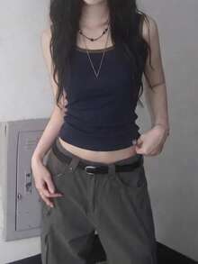 Contrast Trim Slimming Cropped American Style Camisole Tank Top Innerwear Casual Summer - Navy Blue - View 2