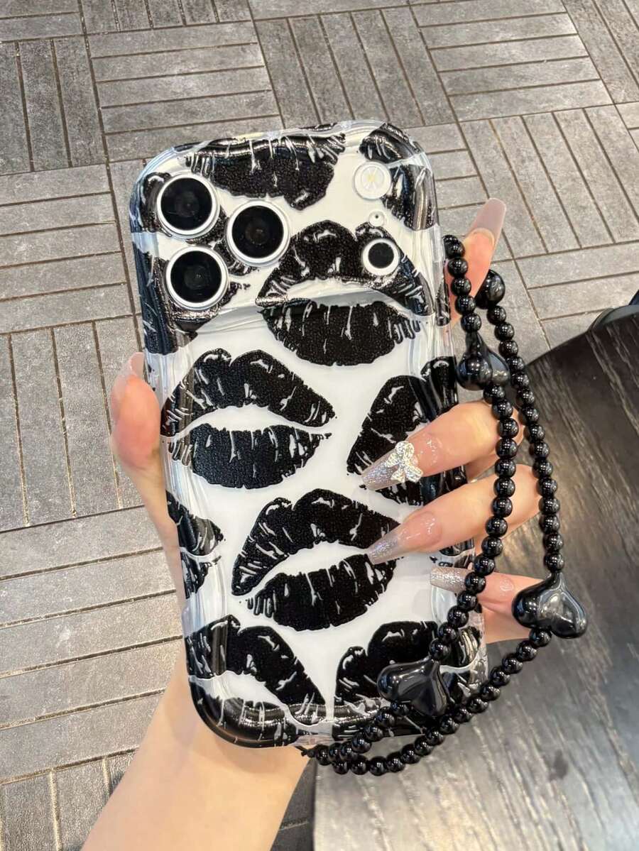 1件波浪邊透明手機殼,黑色唇印設計,附黑色愛心珠手機掛繩,防摔防滑耐刮,適用於 Apple 17/17 Pro/17 Pro Max、16/15/14/Pro/Pro Max、S26/S25、A55 5G-Apple 17 Pro Max 手機殼、Apple 13 手機殼、S24 Ultra 手機殼 - 無色 - 查看 1