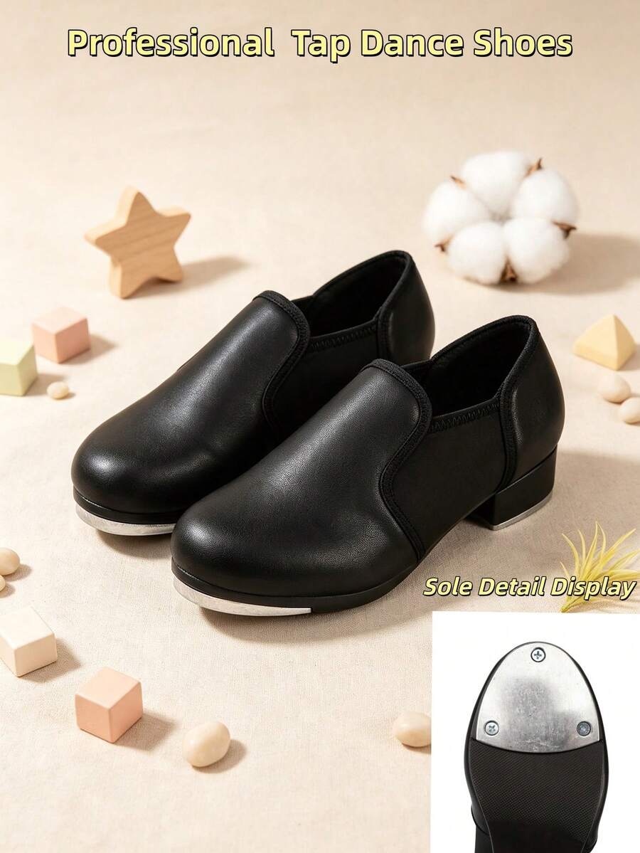 Unisex-Child Elastic Professional Tap Dance Shoes For Girls And Boys Tap Flat - Black - View 1