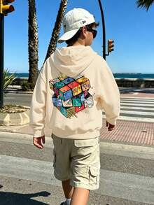 Street Art Style Big Boys Hooded Sweatshirt, 3D Cube Multi-Scene Graffiti Back Print, Soft Autumn/Winter Campus Top - Apricot - View 8