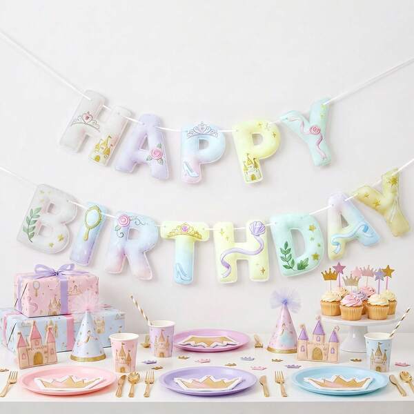 Cute Princess Happy Birthday Felt Banner, Macaron Gradient Letter Garland, Includes Castle, Crown, Crystal Shoe, Mirror And Shell Decorations, Princess Birthday Party/Baby Shower Wall Hanging Decoration, 2D Flat