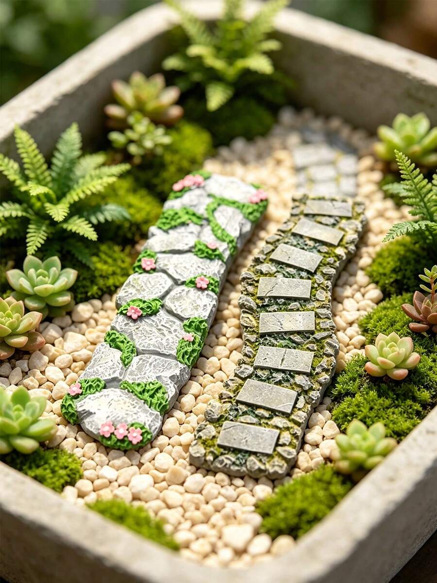 1件鄉村風天然樹脂不規則小徑裝飾品，仿真苔蘚石板附粉色花朵，迷你景觀配件，戶外花園與秋季裝飾，DIY微景觀裝飾，適用於盆栽、生態缸與魚缸