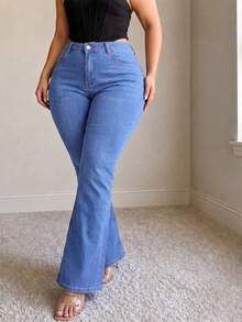 Plus Size Y2K Washed Denim Flare Jeans, Medium Stretch Long Bootcut Pants, Casual Wear Denim Jeans - Blue - View 6