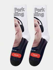 1 par de calcetines de media caña con estampado divertido de John Pork, calcetines creativos con interfaz de llamada entrante, calcetines largos de estilo callejero europeo y americano - Multicolor - Ver 6