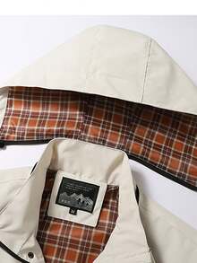 Men's Letter Print Hooded Utility Jacket, Casual Outdoor Long Sleeve Coat - Beige - View 6