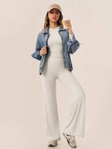TimeOff Women's One Set Solid Color Round Neck Fitted Long Sleeve Top And High Waist Butt-Lifting Flared Pants - Apricot - View 10
