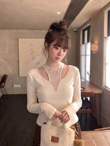 Kaos Wanita Model Halter Neck Patchwork Renda Terbaru Musim Gugur, Potongan Slim Fit, Atasan Lapisan Dasar yang Menawan untuk Musim Panas - Aprikot - View 2
