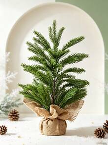 1pc Rustic Minimalist Style PE Pine Needle Conical Mini Christmas Tree,Wrapped Base With Burlap Gift Paper Cover,Realistic Full Branches,Tabletop Ornament,Small Desktop Xmas Tree For Christmas Holiday Home Party Indoor Table Shelf Decor - Multicolor - View 6