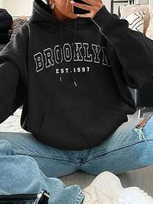 Letter-Printed Drawstring Hoodie,With Thermal Lining,Suitable For Graduation Season,Back-To-School Season,Teacher's Day,Women's Style,Back-To-S - 黑色 2 - 查看 7