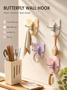 Rotating Butterfly 3-Hook Self-Adhesive Wall Hook, No-Drill 3-In-1 Rotating Hook, Suitable For Bathroom, Kitchen, Bedroom, Entryway And Behind Door, Coat, Hat, Towel, Key Storage Rack, Home Storage Wall-Mounted Cute Room Decor Home Decoration Back To School Season - Multicolor - View 4