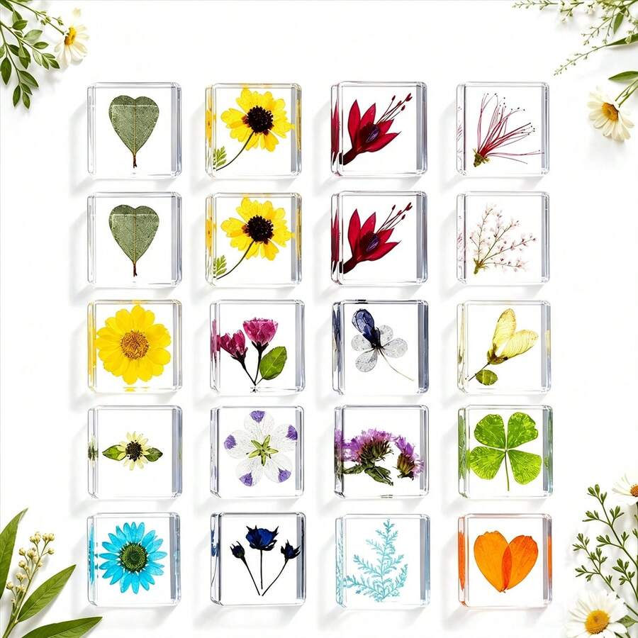 1 Buah Kubus Resin Kristal Transparan Bunga Kering Alami Asli, Spesimen Tanaman Alami, Dekorasi Meja, Hadiah, Berbagai Gaya Bunga dan Daun, Dekorasi Meja Mini dan Hadiah DIY