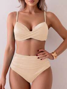 Summer New Women's Solid Color Elegant Bohemian Double Shoulder Strap Two Pieces Bikini Swimwear Beach Vacation Set - Champagne - View 3