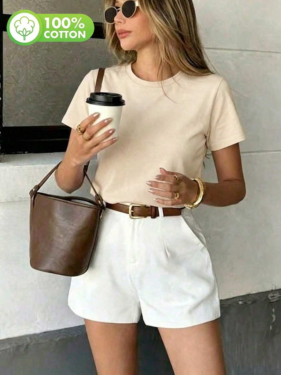 時尚優雅純色女款T恤,適合四季穿著,100%純棉杏色上衣,夏季理想選擇 - 杏色 - 查看 1
