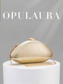 OpulAura 女款極簡不對稱方型奢華 PU 皮革晚宴手拿包，優雅迷人的晚宴包，閃耀夜色正式派對手拿包，浪漫婚禮鏈條肩帶手提包 - 金色 - 查看 2